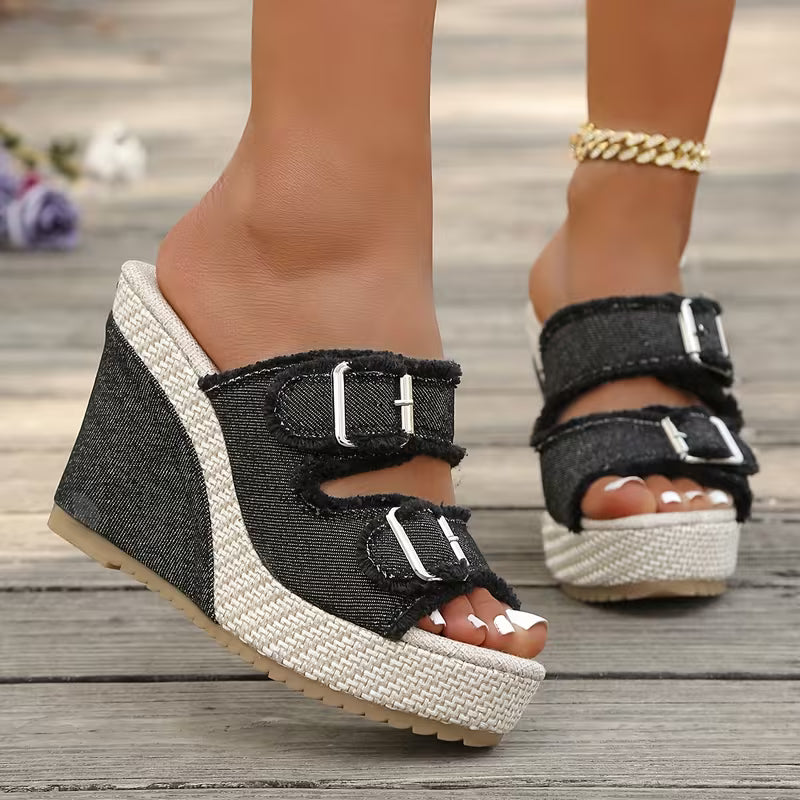 Capri Denim Wedge Sandals