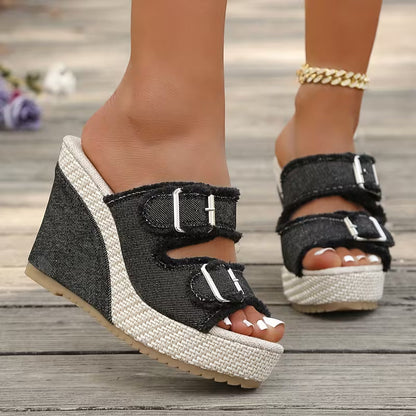 Capri Denim Wedge Sandals