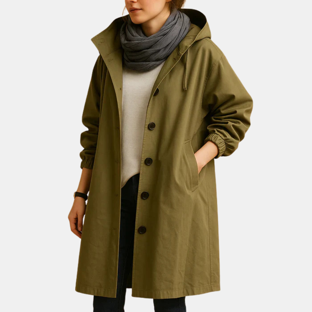 Women's Long Waterproof Coat with Hood and Pockets