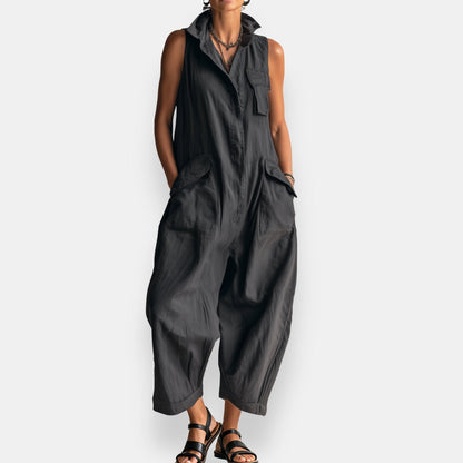 Sloane | Sleeveless Cargo Jumpsuit with Collar and Flap Pockets