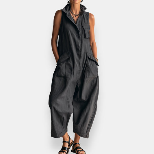 Sloane | Sleeveless Cargo Jumpsuit with Collar and Flap Pockets