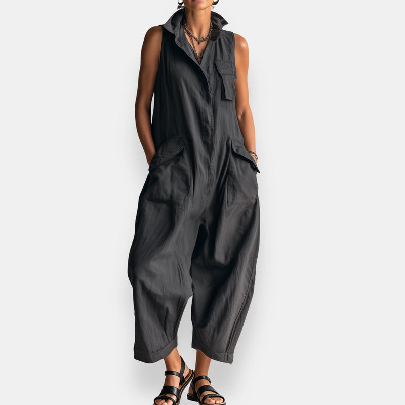 Sloane | Sleeveless Cargo Jumpsuit with Collar and Flap Pockets
