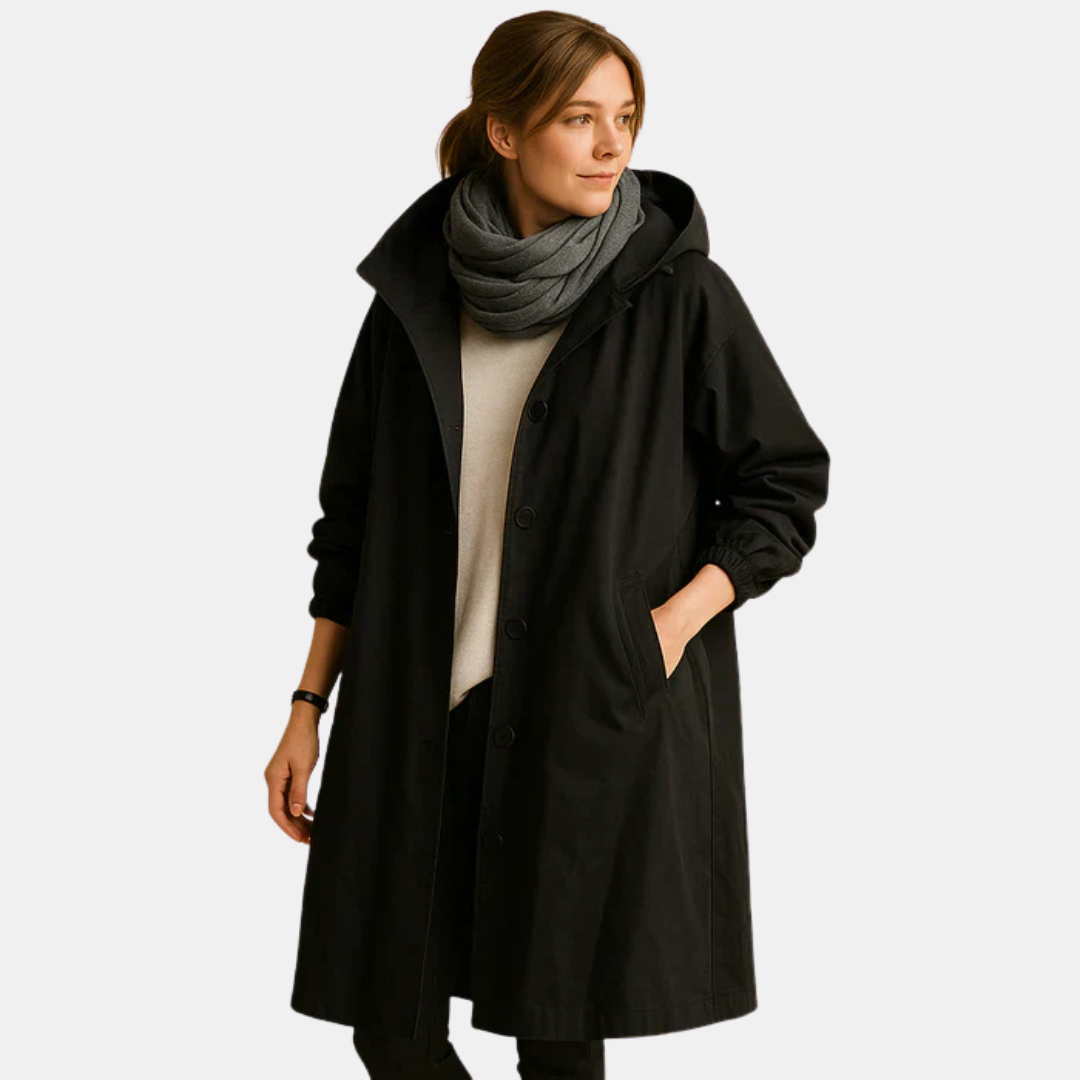 Women's Long Waterproof Coat with Hood and Pockets