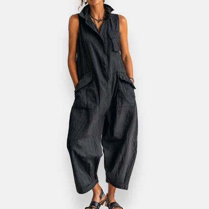 Sloane | Sleeveless Cargo Jumpsuit with Collar and Flap Pockets