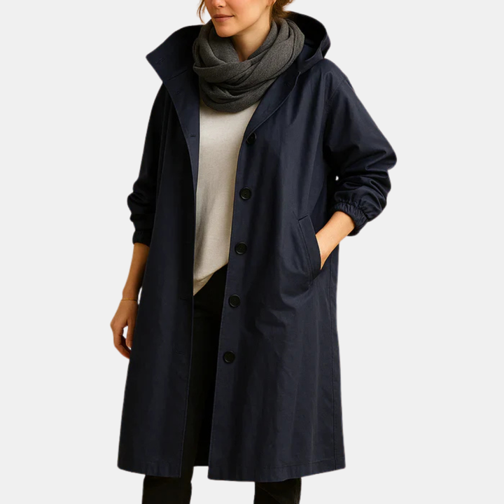 Women's Long Waterproof Coat with Hood and Pockets