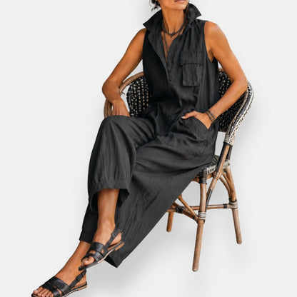 Sloane | Sleeveless Cargo Jumpsuit with Collar and Flap Pockets