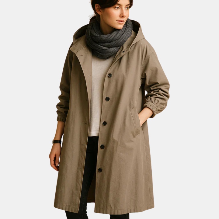 Women's Long Waterproof Coat with Hood and Pockets