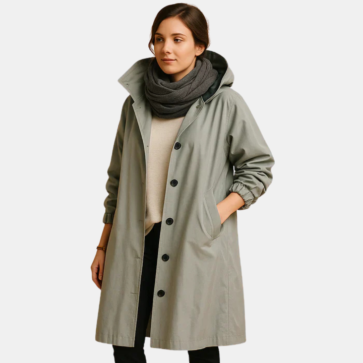 Women's Long Waterproof Coat with Hood and Pockets