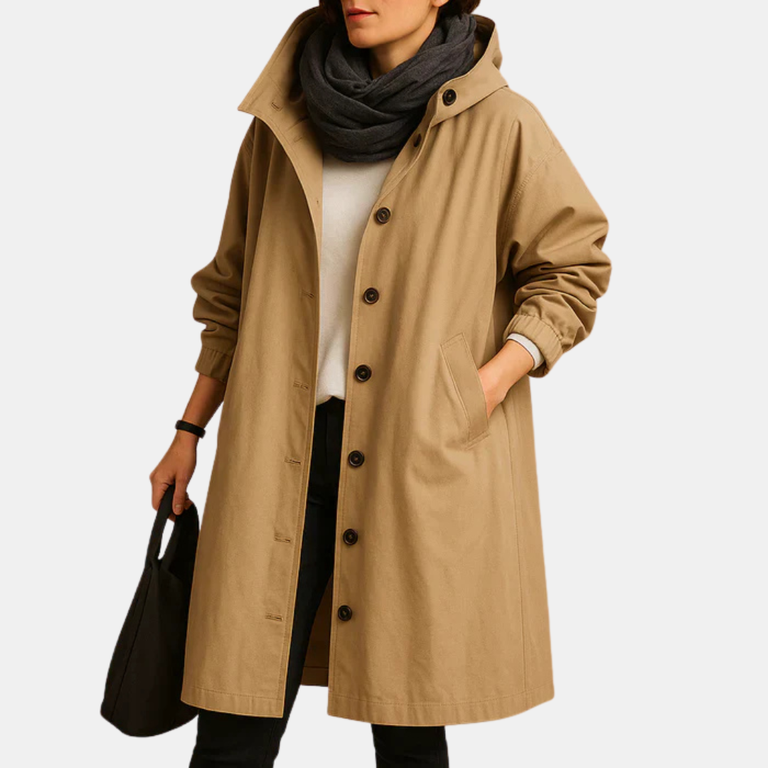 Women's Long Waterproof Coat with Hood and Pockets