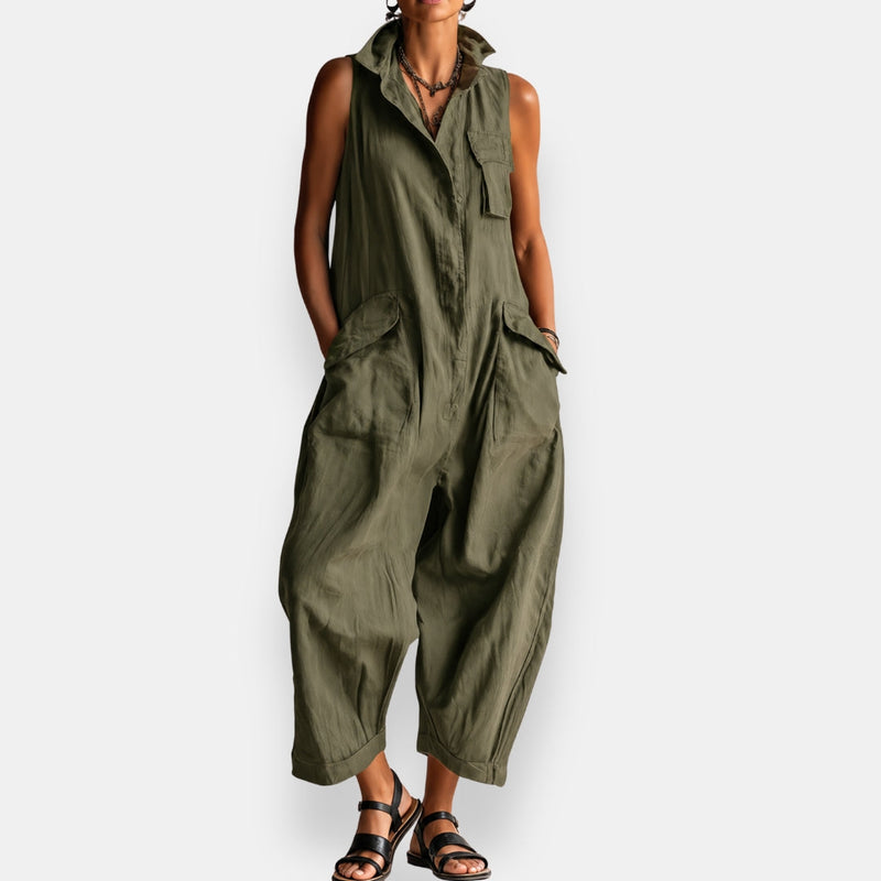 Sloane | Sleeveless Cargo Jumpsuit with Collar and Flap Pockets