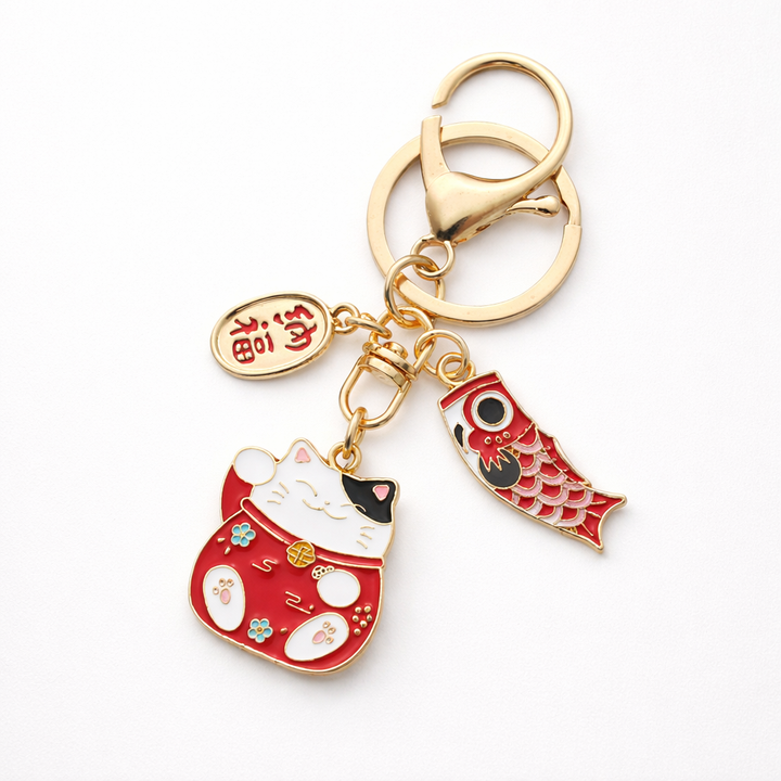 Lucky Cat & Koi Charm Keychain