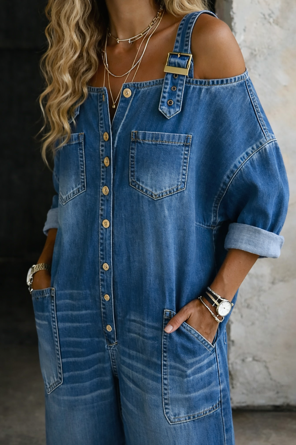 Sienna Off-Shoulder Denim Jumpsuit