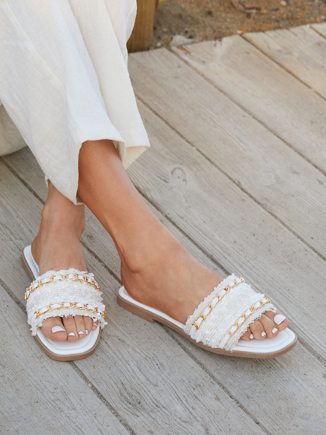 Lola White Faux Leather Frayed Detail Sandals
