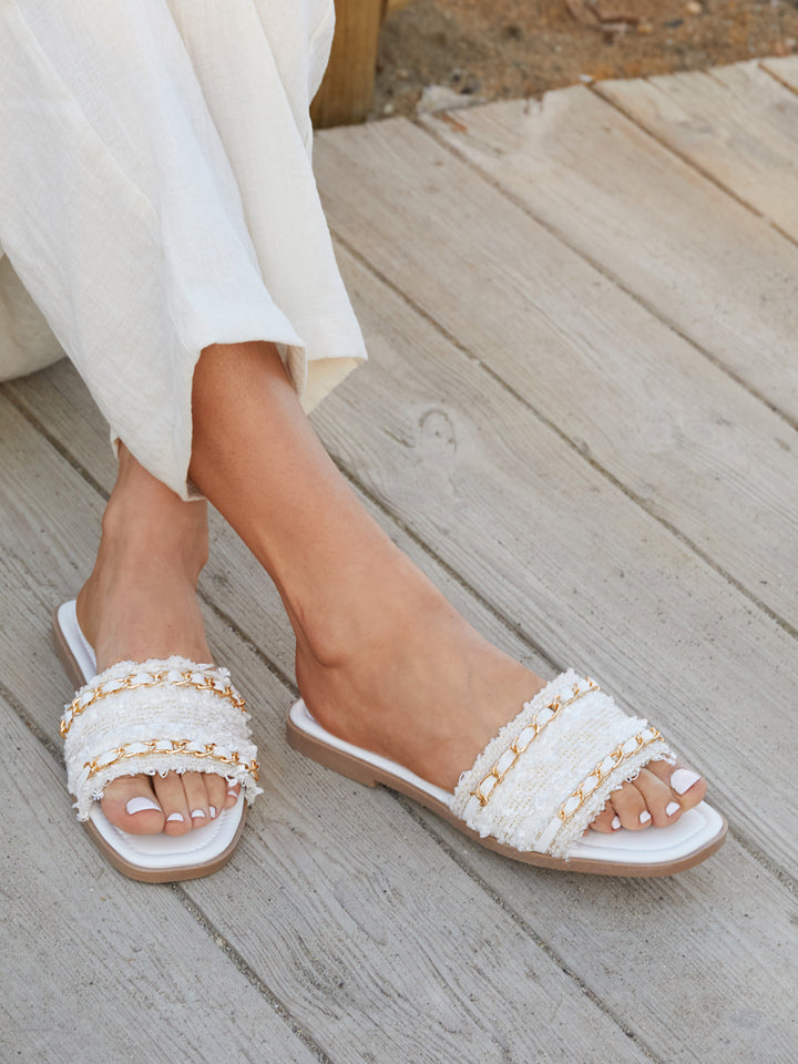 Lola White Faux Leather Frayed Detail Sandals