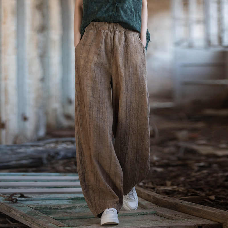 26 Autumn Ramie Tie-Dye Vintage Long Pants Cotton Linen Women's New Style Artistic Versatile Casual Pants Unique Travel Lantern Pants