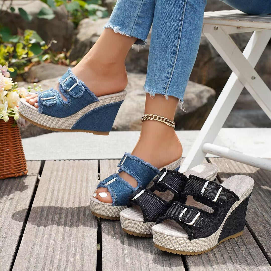 Capri Denim Wedge Sandals
