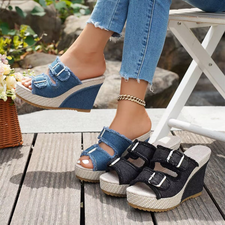 Capri Denim Wedge Sandals
