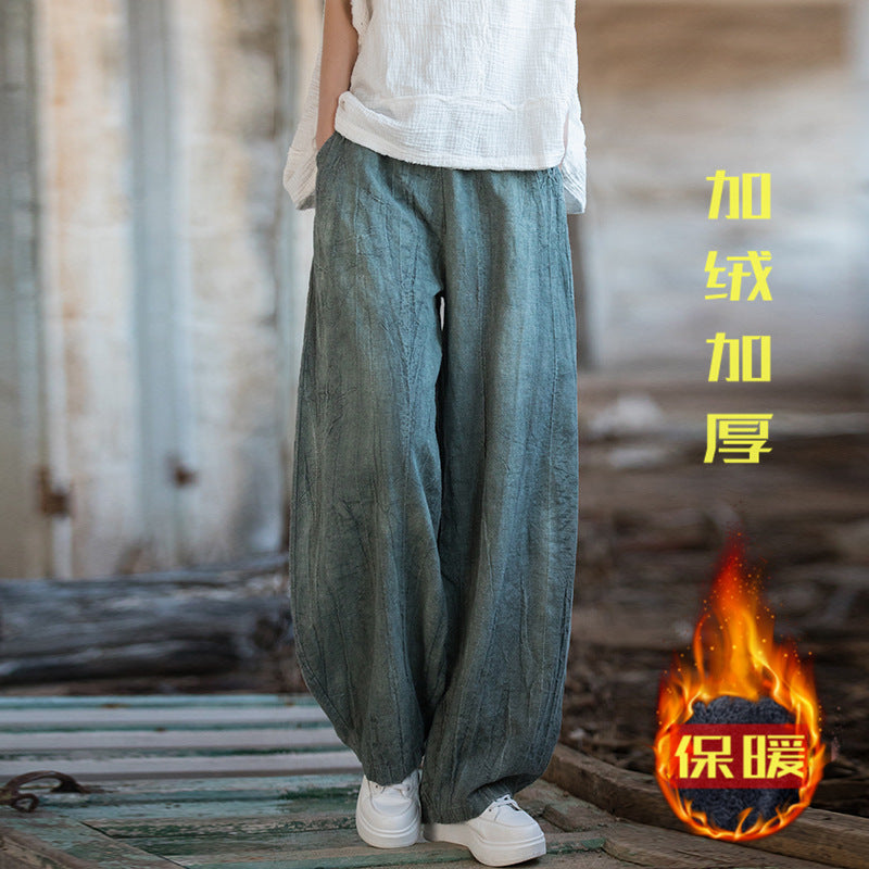 26 Autumn Ramie Tie-Dye Vintage Long Pants Cotton Linen Women's New Style Artistic Versatile Casual Pants Unique Travel Lantern Pants
