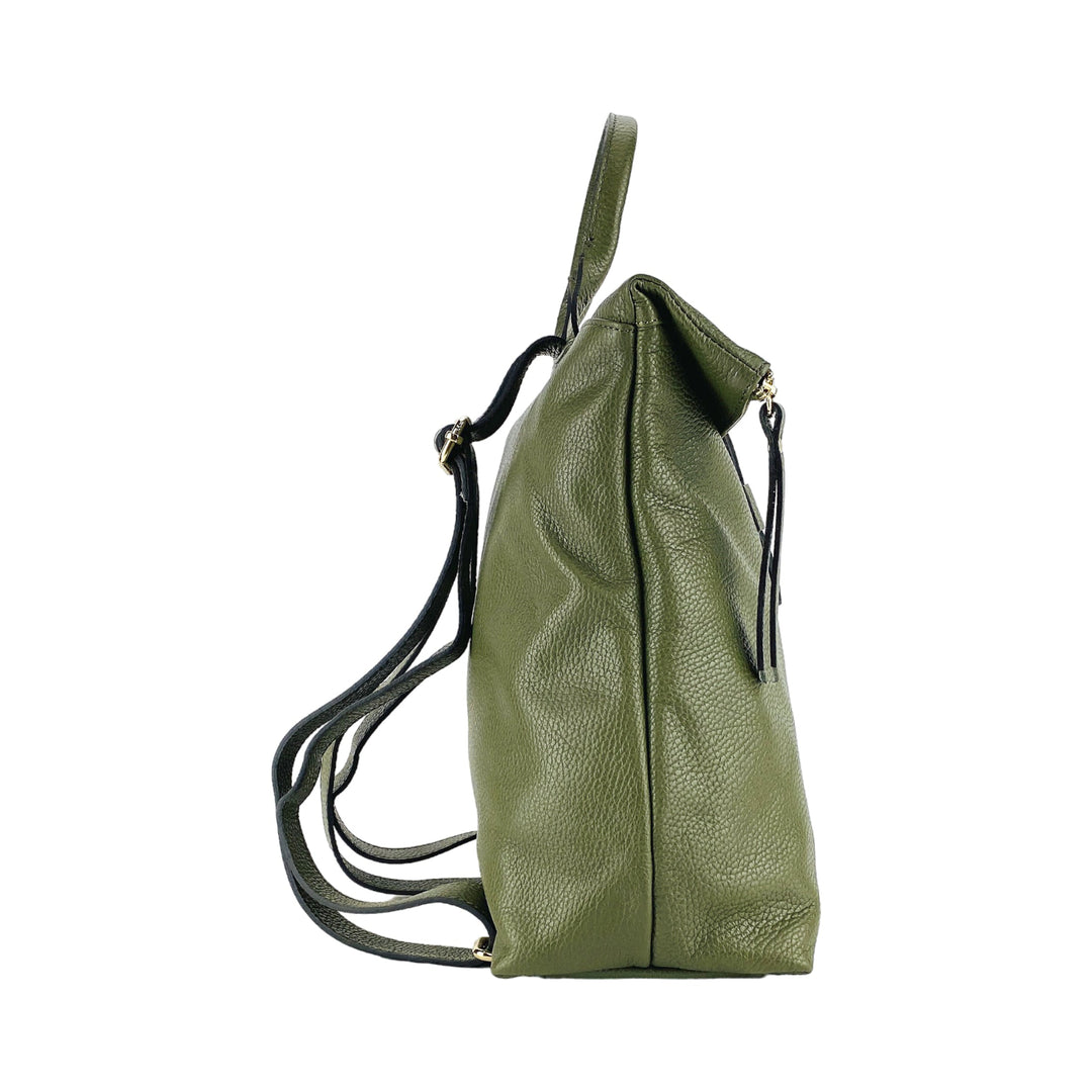 RB1021E | Zaino Donna Morbido in Vera Pelle Made in Italy con Spallacci regolabili. Chiusura lampo e Accessori in metallo Oro Lucido - Colore Verde - Dimensioni: cm 30 x 34 x 10,5-3