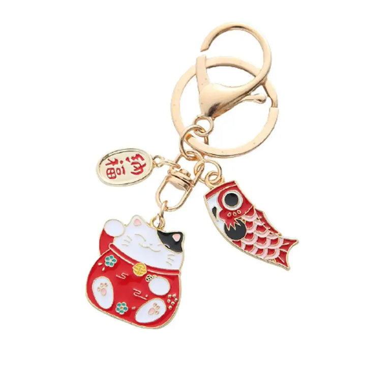 Lucky Cat & Koi Charm Keychain