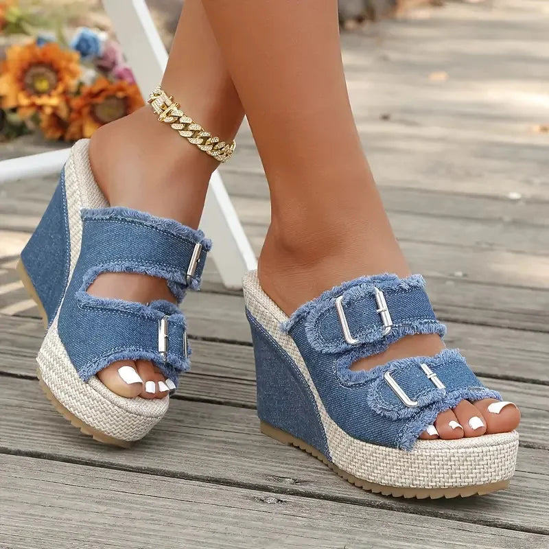 Capri Denim Wedge Sandals