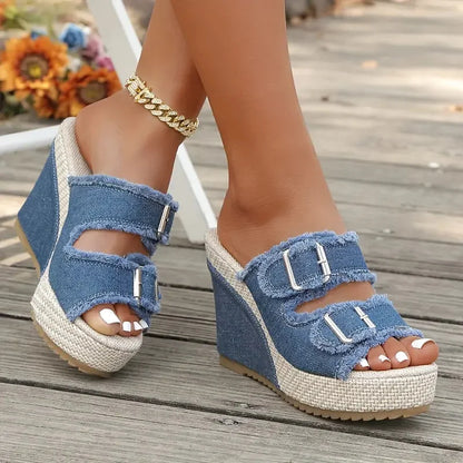 Capri Denim Wedge Sandals