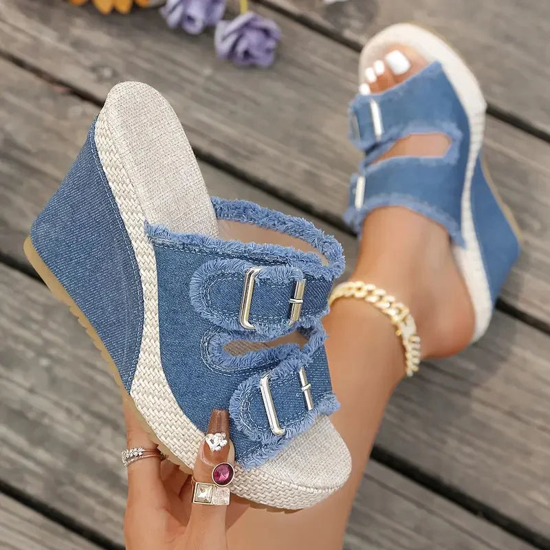 Capri Denim Wedge Sandals